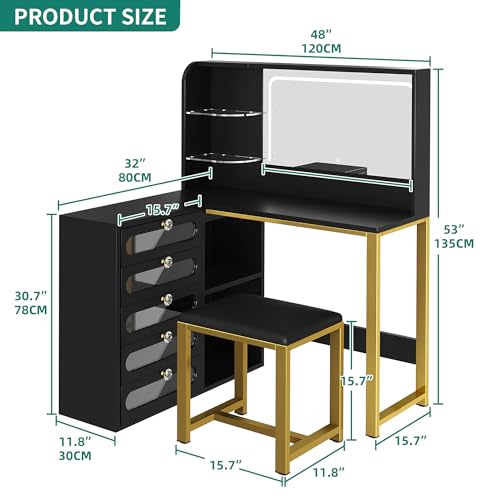 YITAHOME 48" Vanity Desk Set | Makeup Vanity with Mirror and Lights, 3 Lighting Modes - color: Ebony Black