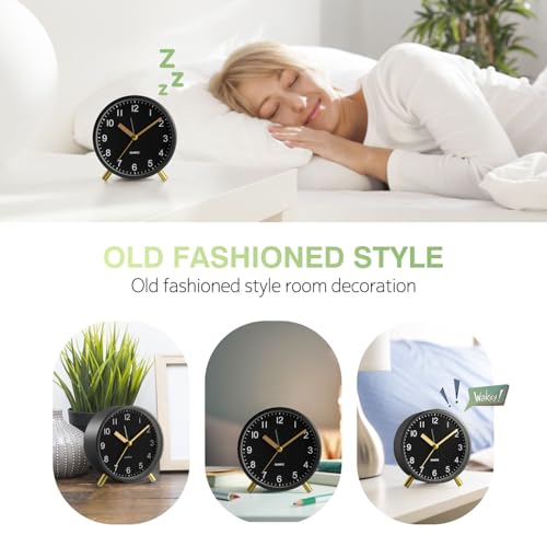 Back to School Silent Analog Quartz Alarm Clock for Kids Bedroom,Night Light, Battery Operated, Fashionable Round Metal - color: Black