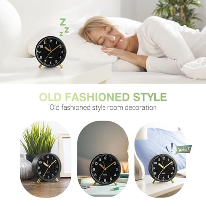 Back to School Silent Analog Quartz Alarm Clock for Kids Bedroom,Night Light, Battery Operated, Fashionable Round Metal - color: Black
