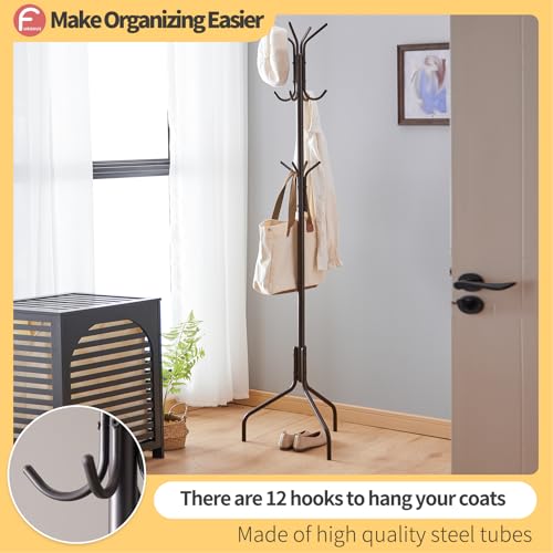 Coat Rack Freestanding,hat and coat rack stand for entryway,Living Room,Bedroom,Metal coat tree with12 Hooks and 3 Legs (Brown) - color: Brown