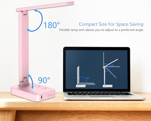 Drevet LED Desk Lamp, Desk Light with 1 USB Charging Port and 2 AC Power Outlet, 3 Lighting Modes, 3 Level Brightness,1H Timer, Touch Control, Eye-Caring Home Office Foldable Table Lamp (Pink) - color: Pink Classic 1USB/2AC