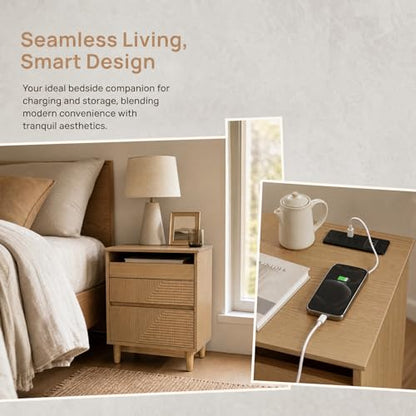 Nightstand with Charging Station, 3 Drawers Fluted Bedside Table, USB Ports Outlets, Mid Century Modern End Table, 1 Small and 2 Large Drawers, Natural Oak 、Walnut Finish (Natural Wood Color) - color: Natural Wood Color