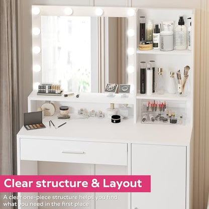 Palimder Vanity Desk with Mirror & Light, Large Drawer Three Level Storage Dresser, 3 Lighting Modes Adjustable Brightness, Bedroom Dressing Table - color: Purewhite