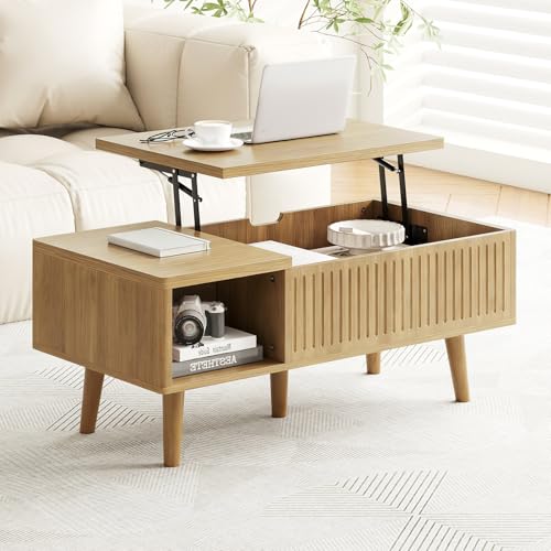 Coffee Table with Lifting Top,Wooden Fluted Coffee Table with Hidden Storage Space,2 Open Storage Compartments,Solid Wood Legs,Suitable for Living Room,Apartment,Office. (C-Lift Coffee Table-Oak) - color: C-lift Coffee Table-oak