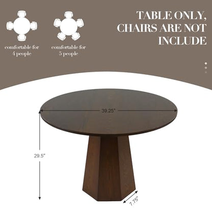 39'' Round Dining Table for 4, Modern Pedestal Kitchen Table Circle Wood Walnut Grain Finish Grain Tabletop Dinner Table Kitchen Table with One-Piece Tabletop for Small Spaces, Walnut Wood - color: Walnut Wood, 39” Round