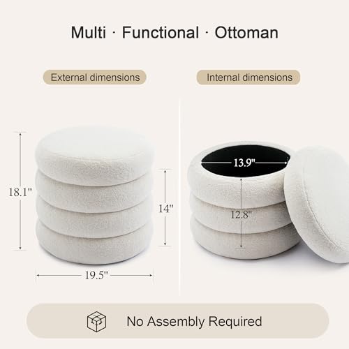 Flouki 19.5" Storage Ottoman Round, Vanity Stool for Bedroom, Entryway Ottoman for Console Table, Foot Stool for Living Room, Bedroom, Sherpa Off-White - color: Off-white