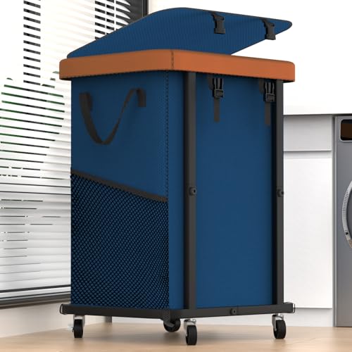 Laundry Basket with Wheels,150L (40 Gal) Rolling Hamper Carts - Navy Blue | Leather Patchwork Laundry Hamper,Sturdy Metal Frame, Removable Washable Bag, Tall Clothes Sorter for Bedroom, Laundry Room - color: Navy Blue, size: 1 Section-150L