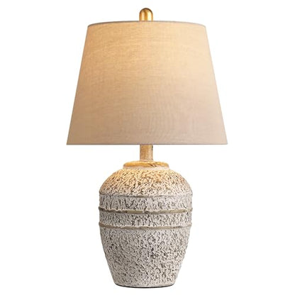 Farmhouse Ceramic Table Lamp, Natural Distressed Earth Tone Finish, Grey | Modern Bedside Lamp with Linen Shade, Rustic Table Lamp for Living Room, Bedroom Nightstands Dining Office