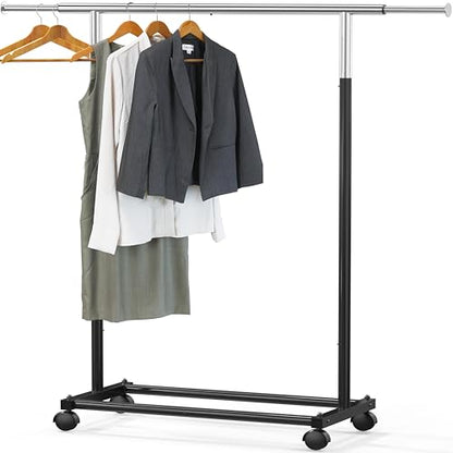 Simple Houseware Standard Rod Garment Clothing Rack, Black | Single Rail, Extendable Width from 30 to 47 Inches, Rolling Clothing Organizer for Bedroom, Laundry, Living Room - color: Black