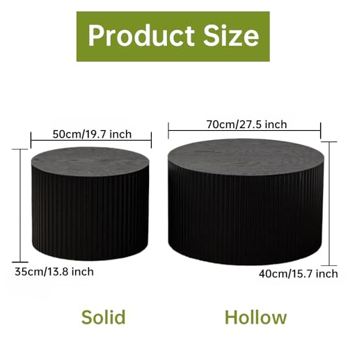 26 inch Round Black Fluted Nesting Coffee Table Set of 2, C Large | Spray Painting Finish, For Living Room, Mid-Century Modern Style, Nestable Design, Nested Side Table, For Small Spaces - color: C Large