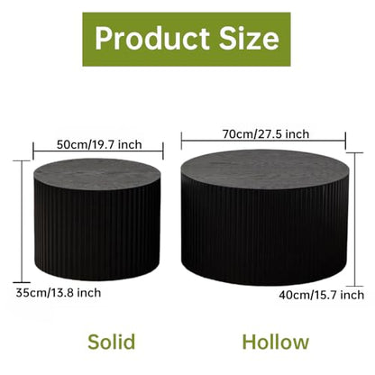 26 inch Round Black Fluted Nesting Coffee Table Set of 2, C Large | Spray Painting Finish, For Living Room, Mid-Century Modern Style, Nestable Design, Nested Side Table, For Small Spaces - color: C Large