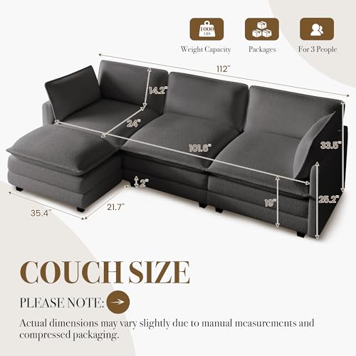ROWHY 112'' Modular Sectional Cloud Couch with Movable Ottoman, 4 Seat Modern Chenille Sofa, Deep Seat L Shaped Couch for Living Room Bedroom Apartment, Grey | Sturdy Frame - color: Grey, size: 112''
