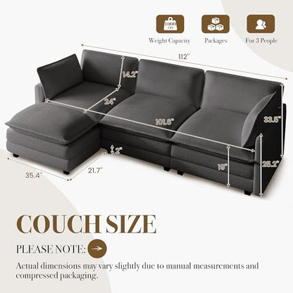 ROWHY 112'' Modular Sectional Cloud Couch with Movable Ottoman, 4 Seat Modern Chenille Sofa, Deep Seat L Shaped Couch for Living Room Bedroom Apartment, Grey | Sturdy Frame - color: Grey, size: 112''