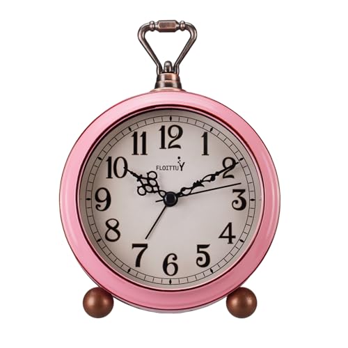 FLOITTUY 4.5" Battery Operated Antique Retro Analog Metal Alarm Clock, Silent Bedside Desk Clock, Wall-Hanging Vintage Clock(Vintage Pink) - color: Vintage Pink