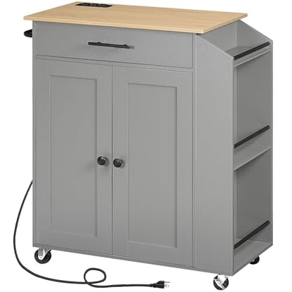 HOOBRO Kitchen Island with Power Outlet, Storage Island with Spice Rack and Drawer, Rolling Kitchen Cart on Wheels, for Home, Dining Room, Natural and Gray GN82UZD01 - color: Natural + Gray