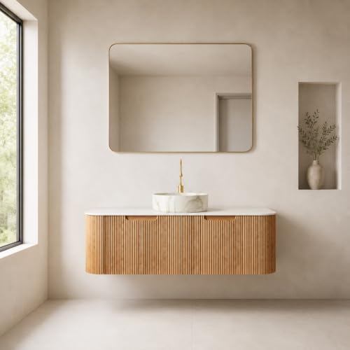 48" Floating Bathroom Vanity with Sink, Wall Mounted Plywood Cabinet, Natural Wood Grain Fluted Front, Sintered Stone Countertop, White Marble-Look Ceramic Vessel Sink, Soft-Close Drawer - color: Natural Oak Cabinet / White Marble Sink, size: 48 Inch