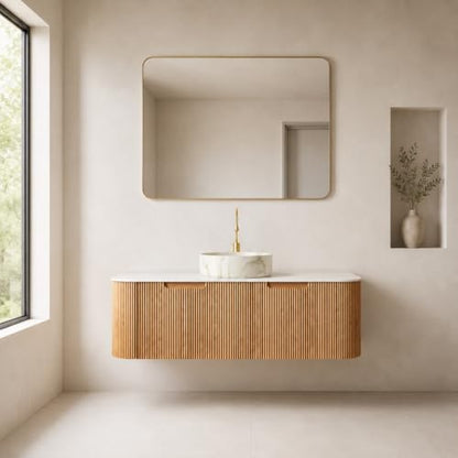 48" Floating Bathroom Vanity with Sink, Wall Mounted Plywood Cabinet, Natural Wood Grain Fluted Front, Sintered Stone Countertop, White Marble-Look Ceramic Vessel Sink, Soft-Close Drawer - color: Natural Oak Cabinet / White Marble Sink, size: 48 Inch