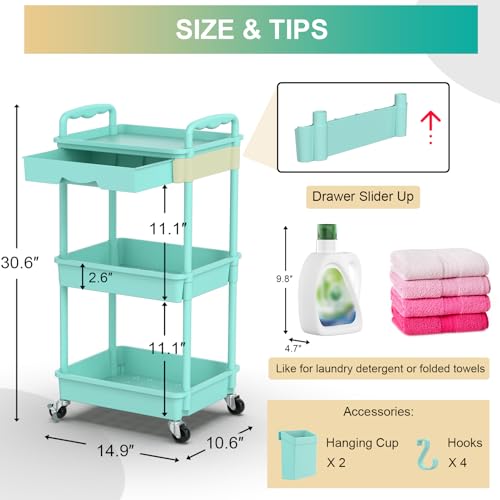 Goovilla 3 Tier Rolling Utility Cart Organizer with Removable Drawer, Blue | Stable and Sturdy Rolling Storage Carts with 2 Lockable Wheels for Bathroom, Kitchen, Snack, Craft, Makeup, Baby Essentials - size: 3 Tier, style: Blue