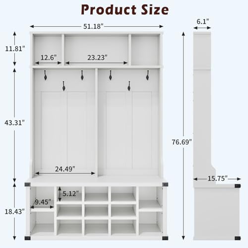 IDEALHOUSE 76" Hall Tree with Bench and Shoe Storage, Farmhouse Large 4-in-1 Entryway with Coat Rack & 6 Tri-Hooks, Adjustable Shelf, White Mudroom Bench with Storage Seating, Space Saving, White - size: 51"W