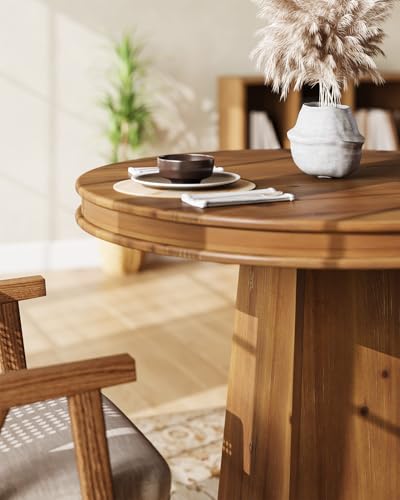 LITTLE TREE Solid Wood Round Dining Table, 31.5" Small Kitchen Table for 2, Modern Farmhouse Dinner Table for Dining Room, Kitchen, Living Room, Artistic Geometric Base, Table Only (Rustic Brown) - color: Rustic Brown