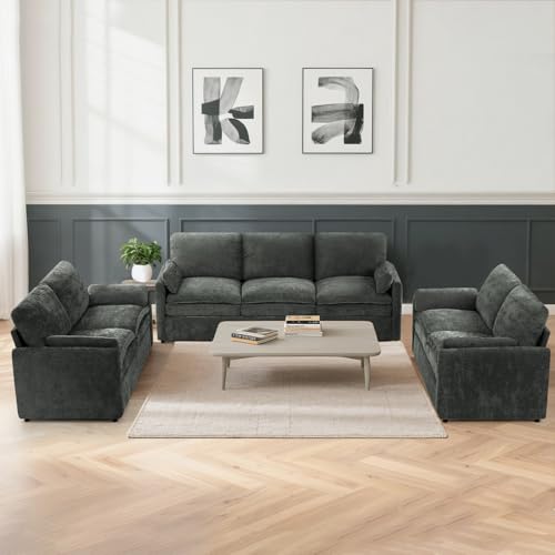 3 Pieces Chenille Sofa Set w/Two Arm Pillows, Grey | Upholstered 2 Pieces Loveseat & 3-Seater Sofa w/Soft Cushions, Modern 2-Seat & 3-Seat w/High-Density Foam for Living Room - color: Grey, size: 69" & 69" & 89" Sofa Set