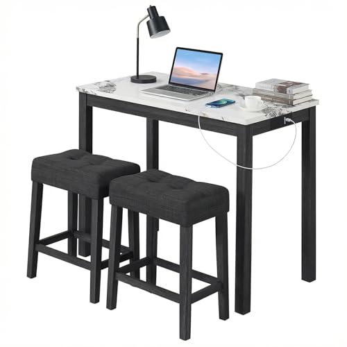 COSTWAY 3-Piece Wooden Bar Table Set with Charging Station | Modern Counter Height Table, Faux Marble Top, 2 Padded Stools, Console Table Set for Living Room, Kitchen, Dining Room, White - color: White