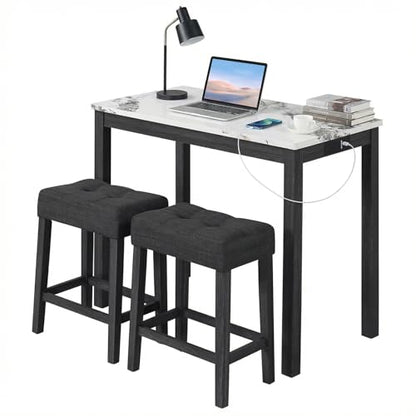 COSTWAY 3-Piece Wooden Bar Table Set with Charging Station | Modern Counter Height Table, Faux Marble Top, 2 Padded Stools, Console Table Set for Living Room, Kitchen, Dining Room, White - color: White