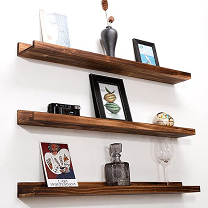 MBYD 48 Inch Picture Ledge Shelf Set of 3, Wall Mount Carbonized Burnt Black Floating Wall Shelves Photo Ledge Natutal Pine Wood for Bedroom, Living Room, Office, Kitchen, Bathroom Same Dimensions - color: Carbonized Black, size: Set of 3 48 in