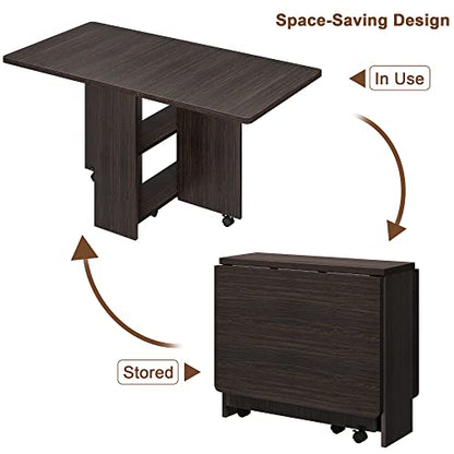 Folding Dining Table with 2-Layer Storage Rack, Drop Leaf Tables, Black | Small Spaces, Foldable Dining Table with 3 Wheels, Kitchen Table, Dining Room - color: Dark Walnut, size: 50.1"D x 31.4"W x 29.5"H
