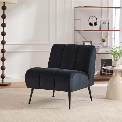Velvet Slipper Chair, Armless Upholstered Accent Chair with Black Metal Legs, Modern Lounge Chair for Living Room, Bedroom, Office & Reading Nook (Black+Metal) - color: Black+metal