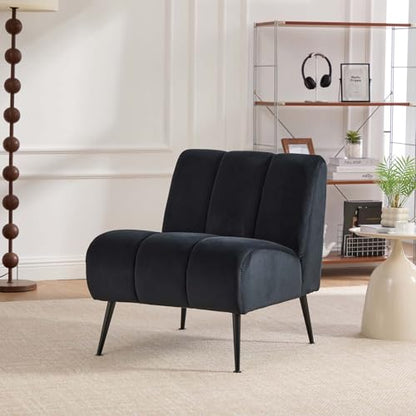 Velvet Slipper Chair, Armless Upholstered Accent Chair with Black Metal Legs, Modern Lounge Chair for Living Room, Bedroom, Office & Reading Nook (Black+Metal) - color: Black+metal