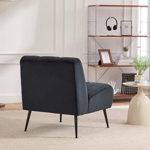 Velvet Slipper Chair, Armless Upholstered Accent Chair with Black Metal Legs, Modern Lounge Chair for Living Room, Bedroom, Office & Reading Nook (Black+Metal) - color: Black+metal