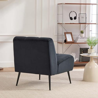 Velvet Slipper Chair, Armless Upholstered Accent Chair with Black Metal Legs, Modern Lounge Chair for Living Room, Bedroom, Office & Reading Nook (Black+Metal) - color: Black+metal