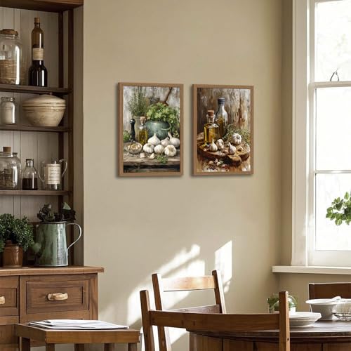Framed Kitchen Wall Art Set of 2 Canvas Prints Rustic Garlic Olive Oil Painting Posters Farmhouse Food Artwork Pictures for Dining Room Kitchen Gallery Wall Decor 16x24 In - color: garlic cloves, size: 16x24in