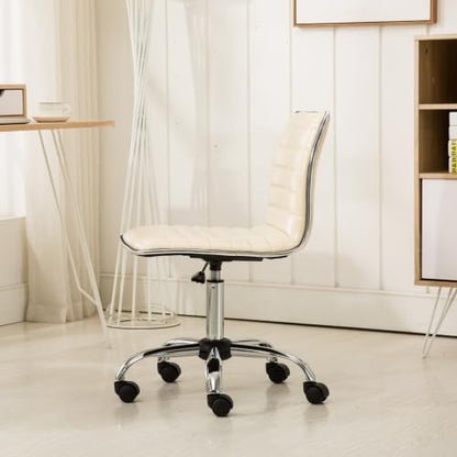 Small Armless Swivel Vanity Office Desk Chair with Wheels for Bedroom Study | Adjustable Task Chairs with Faux Leather Fabric & Padded Seat, Modern Adjustable Height Work Chairs for Home Office, Beige - color: Beige