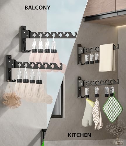 Wall Mount Coat Hanger Holder Black Clothes Drying Organizer Rack Garment Hooks Aluminium Retractable Folding Indoor Wall Mounted Hanger Space Saver for Laundry Room Bedroom Black 2 Pack with 8 Hooks - color: Black 2racks with Hooks