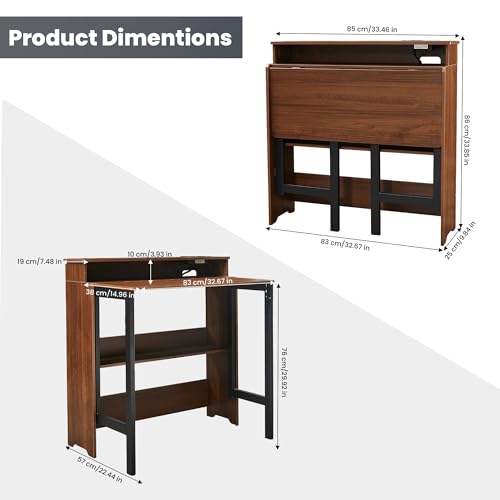 Fold Out Desk with Charging Station, Folding Desk with Monitor Stand,Storage Shelf,Small Foldable Desk for Compact Home Office Spaces - color: Walnut