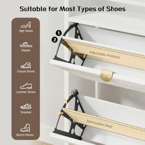 Shoe Storage Cabinet with 2 Flip Drawers & Open Shelves | Fluted Panel, Hidden Storage, Modern, Freestanding, Wooden, Narrow Shoe Cabinet for Entryway Small Room Apartment, White