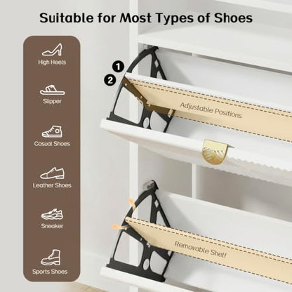 Shoe Storage Cabinet with 2 Flip Drawers & Open Shelves | Fluted Panel, Hidden Storage, Modern, Freestanding, Wooden, Narrow Shoe Cabinet for Entryway Small Room Apartment, White