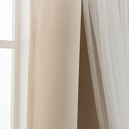 INLINAS Blackout Curtains with Sheer Overlay, Beige, 37x63 Inches | Grommet Top Double Layer Curtains for Bedroom and Living Room Thermal Reduction Light Blocking and Energy Saving, Set of 2 - color: Beige, size: 37"W x 63"L (Pack of 2)