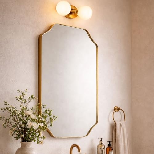 TEHOME Scalloped Gold Bathroom Mirror Decorative Brushed Brass Metal Framed Irregular Bathroom Vanity Mirror 20x30'' - color: Brushed Gold, size: 30"L x 20"W