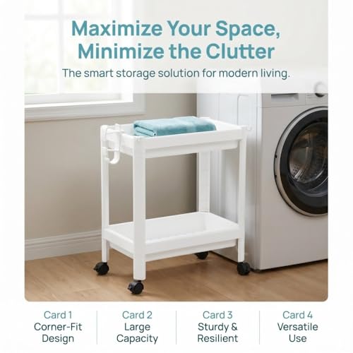 Bathroom Tower Shelf, White Plastic Freestanding Storage Rack, Narrow Standing Shelf Unit for Bathroom Kitchen Bedroom(2 Layers with Wheels) - size: 2 Layers with Wheels