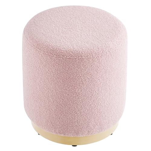 Modway Tilden 16 Inch Round Soft Sherpa Fabric Upholstered Ottoman in Blossom Natural - Small Ottoman Foot Rest with Rubberwood Plinth Base - Living Room Ottoman Side Table - Sherpa Ottoman Footstool - color: Blossom Natural
