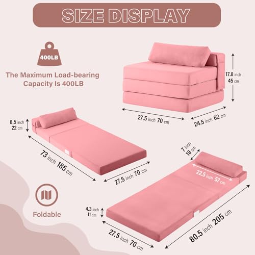Folding Sofa Bed Chair, 4-Fold Convertible Sleeper Chair with Lumbar Pillow, Washable Cover & Side Pocket, Floor Couch Bed with Raised Seat, Single Size for Small Spaces, Pink - color: Snownylon Pink, size: Single Size
