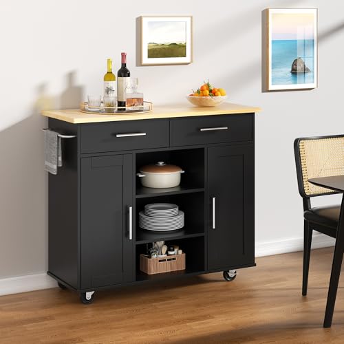 Shintenchi Kitchen Island with Storage, Kitchen Island Cart on Wheels with 3 Open Shelves, 2 Drawers and 2 Cabinets, Rolling Kitchen Table with Large Countertop, Black - color: Golden