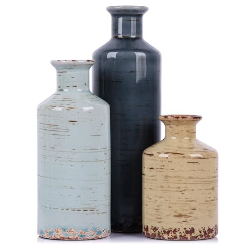 Ceramic Vase Set of 3-3 Vintage Vases Home Decor, Farmhouse Country Flower Vase, Vases for Centerpieces, Living Room Decoration, Table Decoration, Fireplace Decor, and Entrance Decorations - color: Colorful