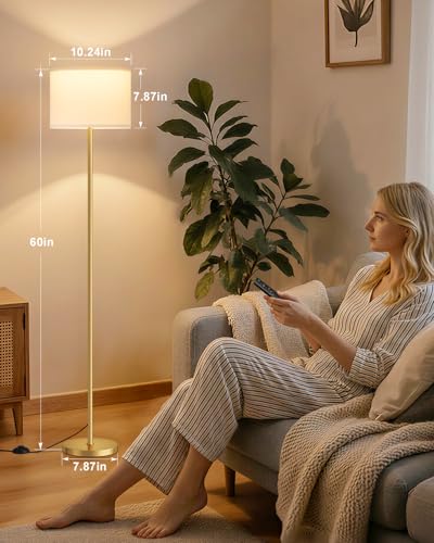 Dimmable Floor Lamp for Living Room with Remote, 9W 900LM LED Bulb Included, White Shade Gold Pole - color: gold & white