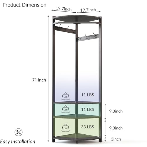 Corner Hall Tree with Shoe Bench & 6 Double Hooks, Space-Saving Entryway Corner Coat Rack with Storage Organizer & Shelf, Multi-Functional Hallway Storage Tree for Entryway, Hallway, Rustic Grey
