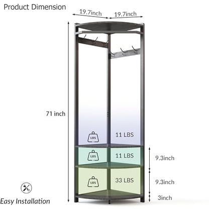 Takywep Corner Coat Rack, Freestanding Storage Organizer with Hanging Rod & Shelves, Space-Saving Entryway Hall Tree for Narrow Hallway, Heavy-Duty Metal Frame, Easy Assembly