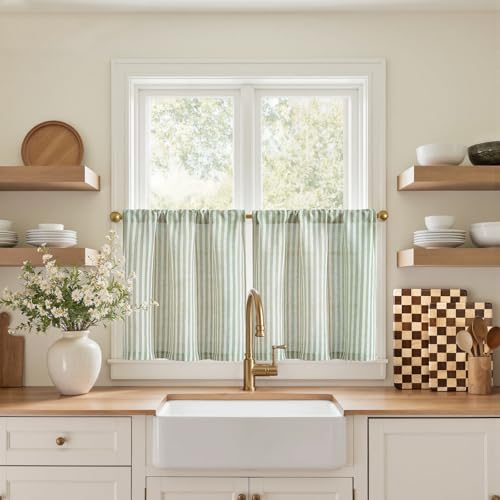 jinchan Striped Linen Kitchen Tier Curtains, 20 Inch, Sage Green, 2 Panels | Light-filtering linen blend tiers with rod pockets, adding earthy farmhouse style to kitchens, bathrooms and small windows. - color: Rod Pocket Sage Green, size: 26"W x 20"L (Pac